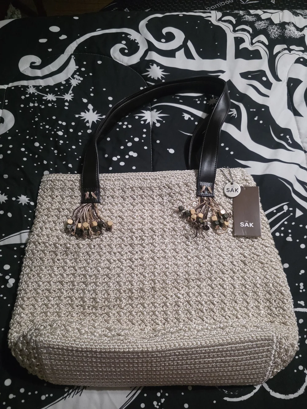 The SAK Beige Crochet Tote Bag with Brown Handles